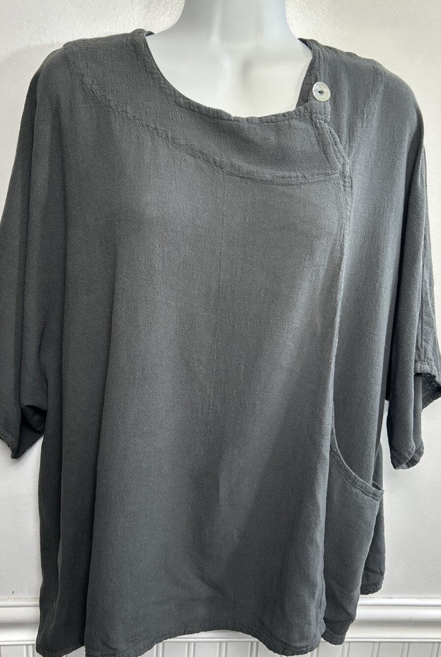 Oh My Gauze! Athena Gray Cotton Breezy Blouse S/S Button Pocket OSFM Lagenlook